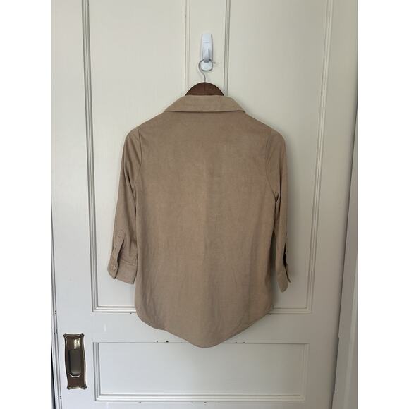 Gretchen Scott Faux Suede Collared Blouse Womens Size Small Tan Classic Soft - Picture 2 of 7